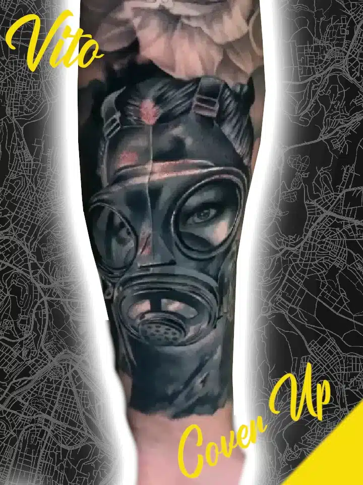 cover up unterarm gasmaske blackandgrey relistic tattoo benztown ink station stuttgart - 0711tattoo