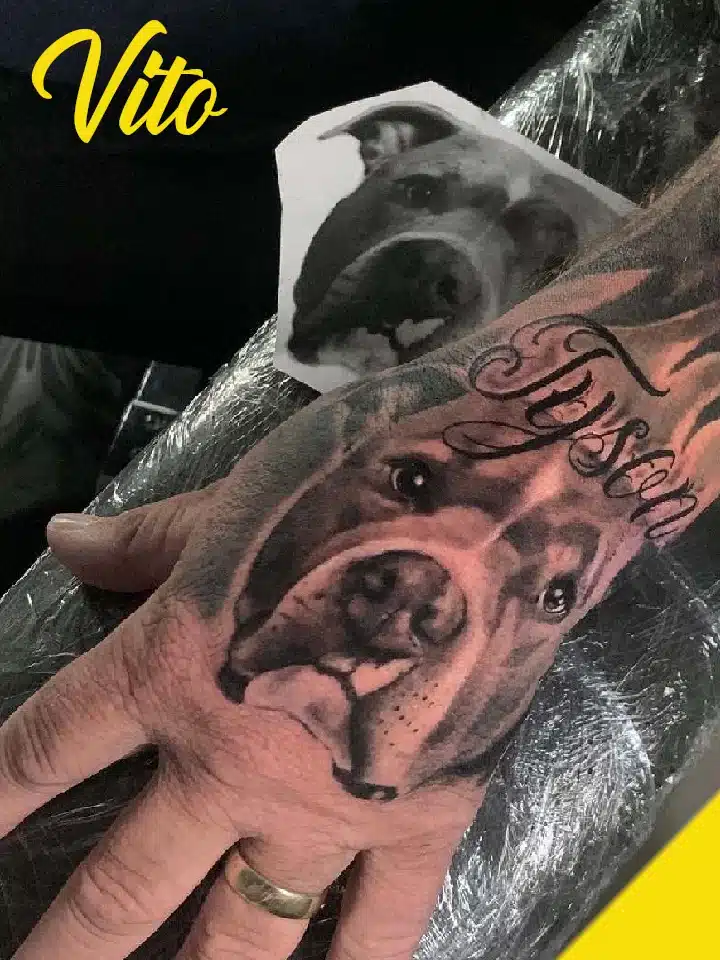 hundeportrait porträt dog pitbull blackandgrey relistic tattoo benztown ink station stuttgart 0711tattoo