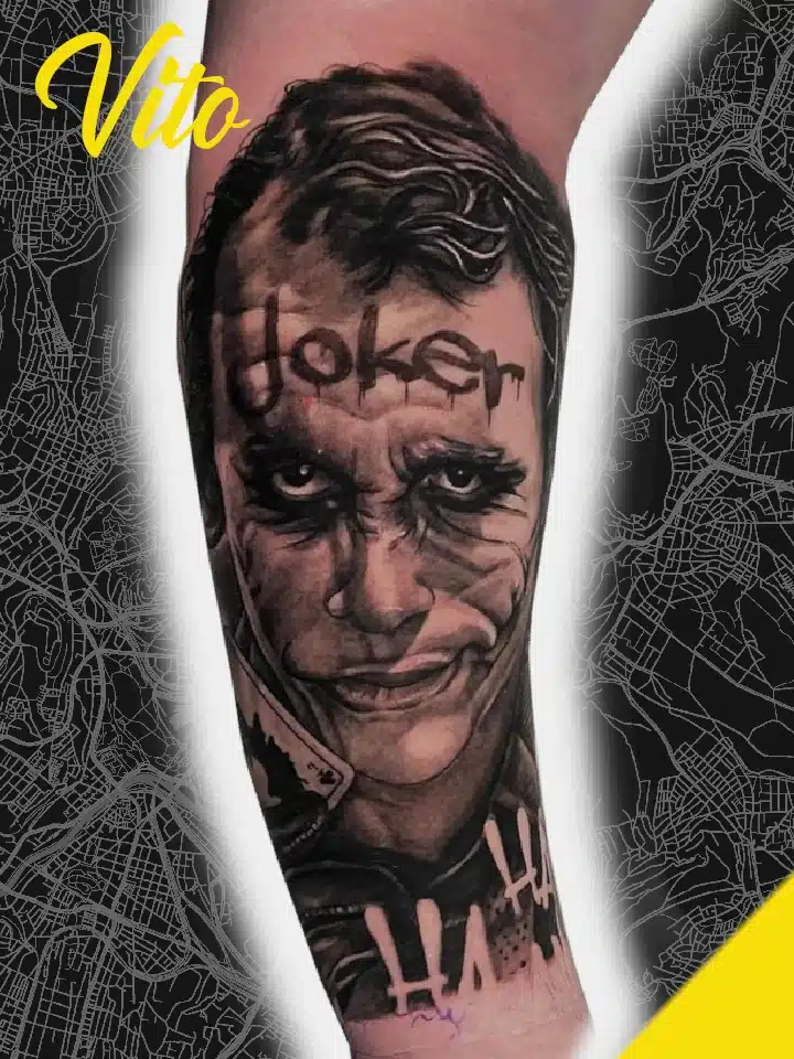 joker batman blackandgrey relistic tattoo benztown ink station stuttgart 0711tattoo